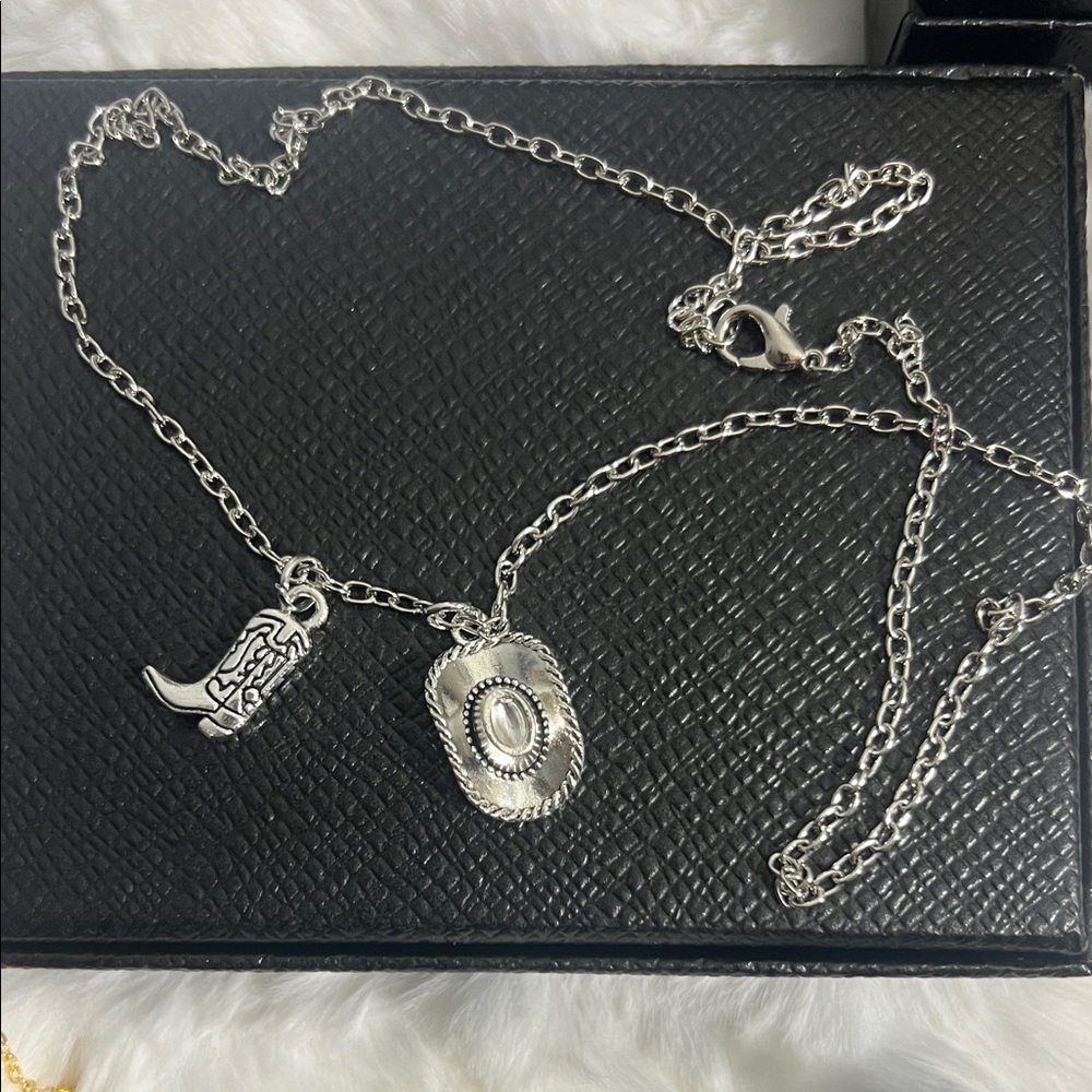 Sterling Silver Cowboy Hat & Boot Charm Necklace - Women Jewelry